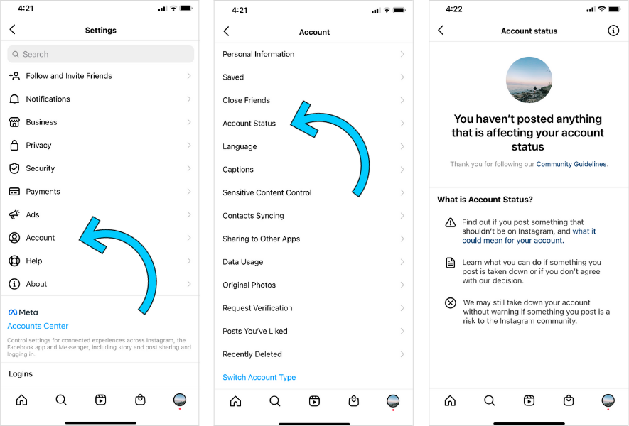 submit a review request  to instagram account status
