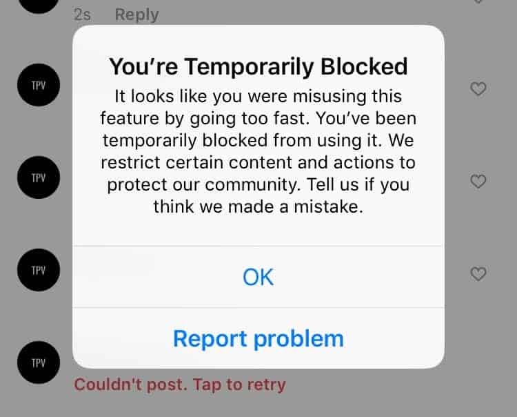 Instagram Temporary action block 