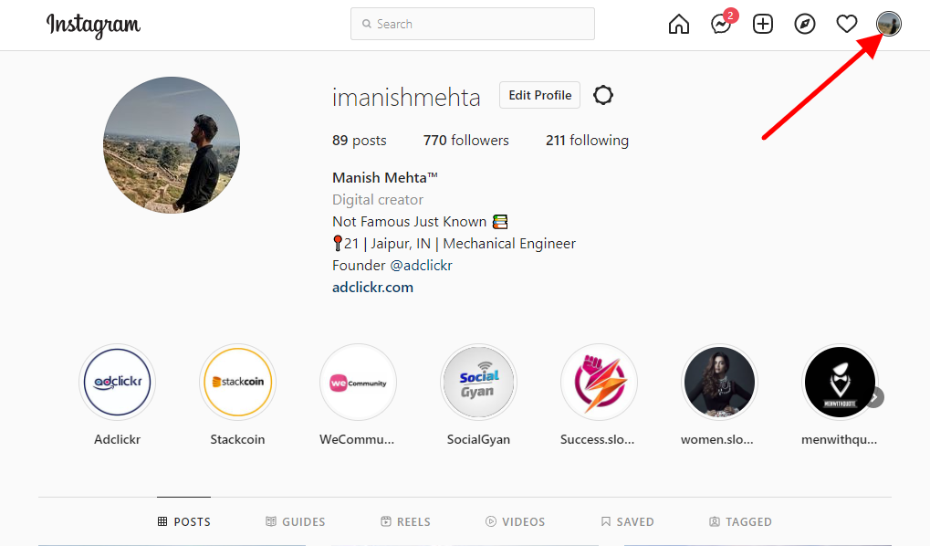 Instagram browser profile section