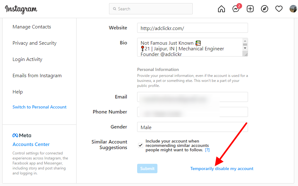 Temporarily disable my Instagram account option
