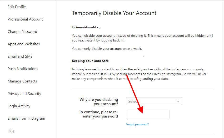 Enter Password to disable your account