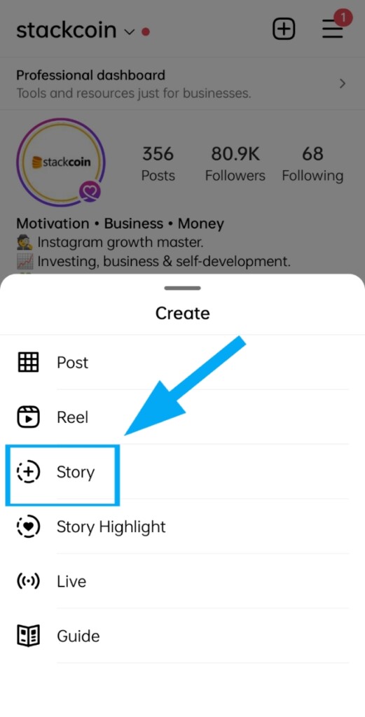 Choose ‘story’ from the new prompt, and add any story whether it’s a photo or a video.