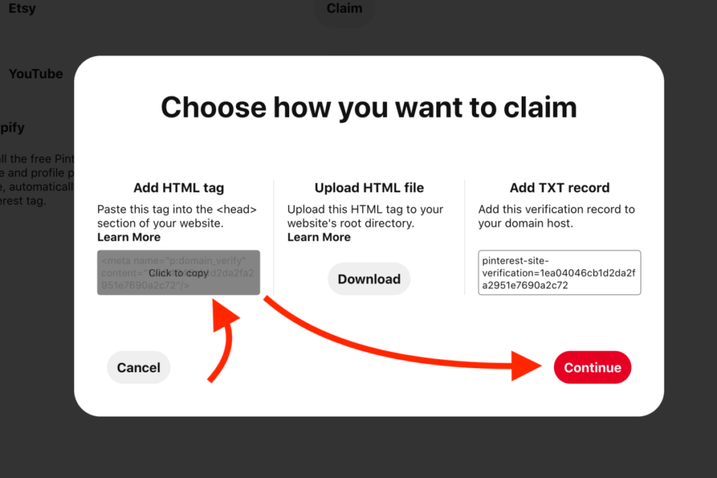 We are going to use the HTML tag method to claiming our website.