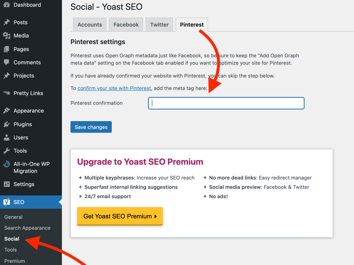 Yoast SEO Pinterest confirmation