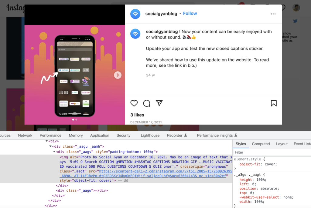  Download Instagram Photos  using Chrome Inspect Tool